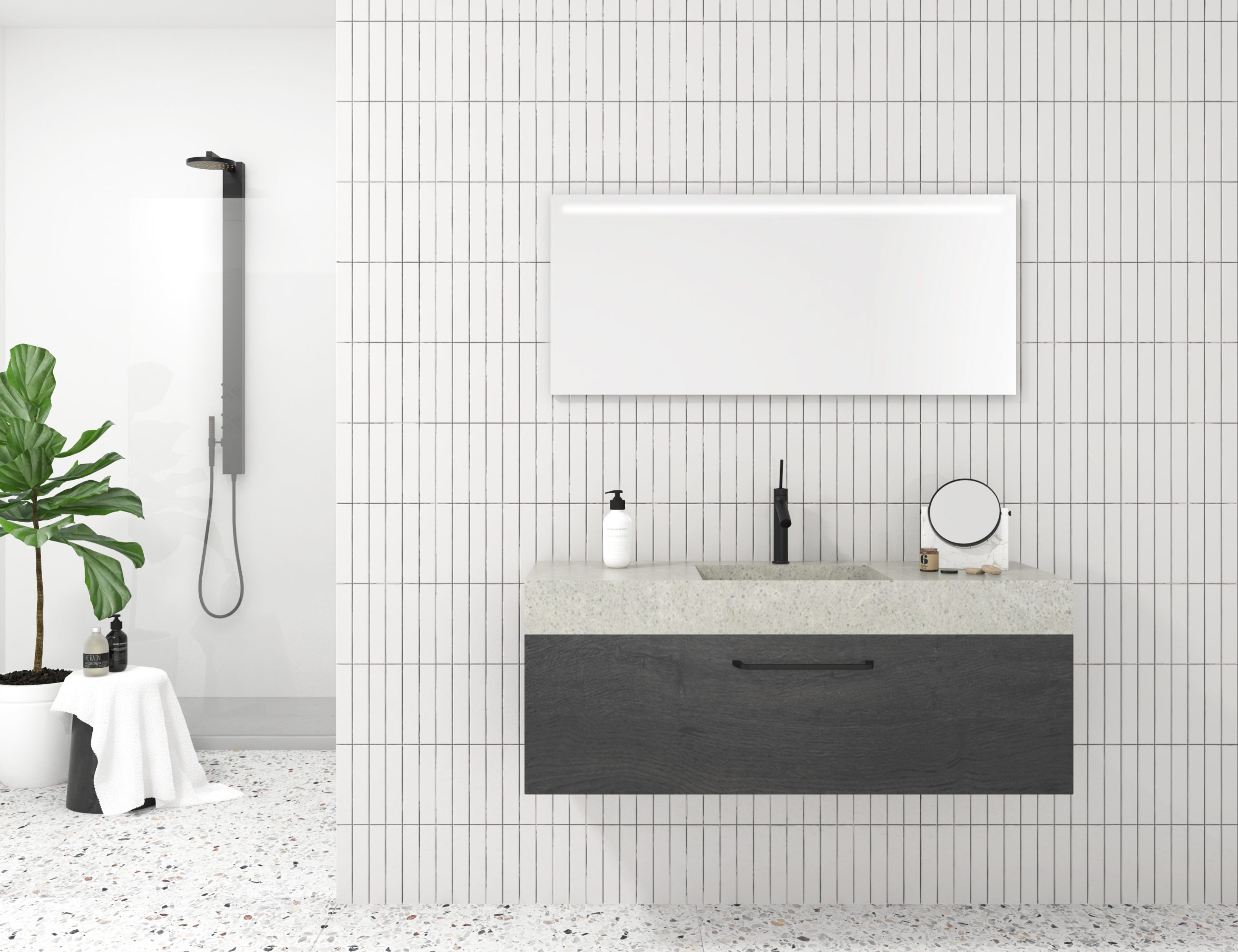 Pack URANO BLACK + lavabo mármol compacto + espejo + foco LED