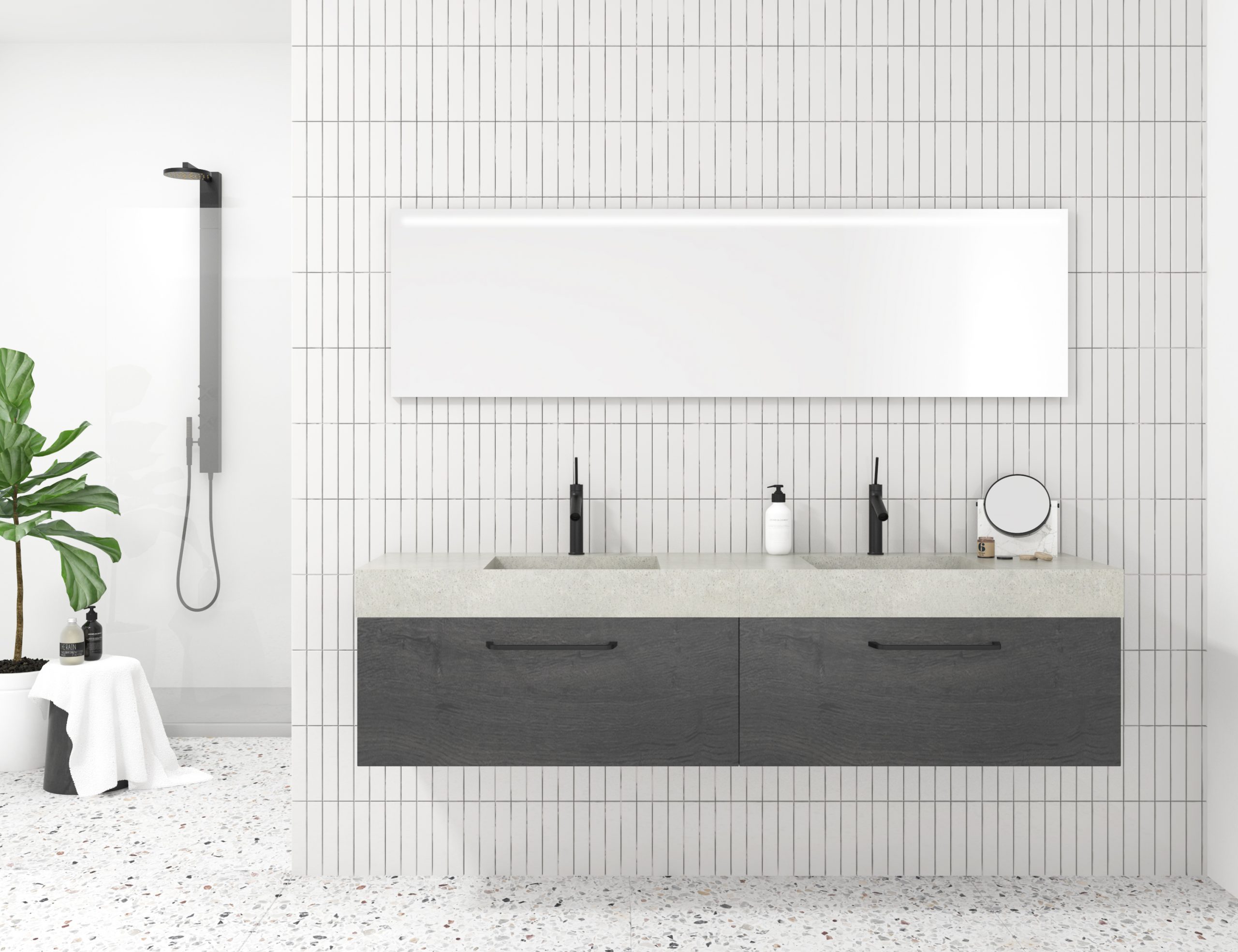 Pack URANO BLACK + lavabo mármol compacto + espejo + foco LED