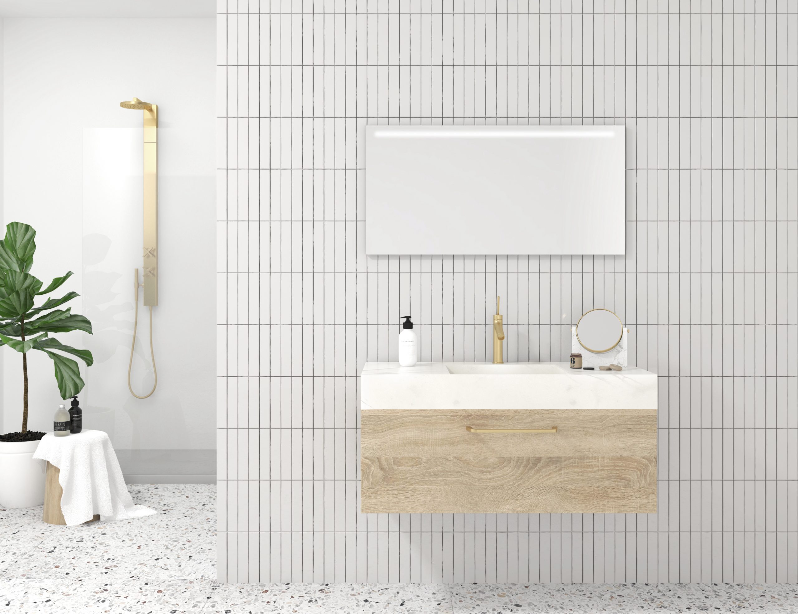 Pack URANO GOLD + lavabo mármol compacto + espejo + foco LED