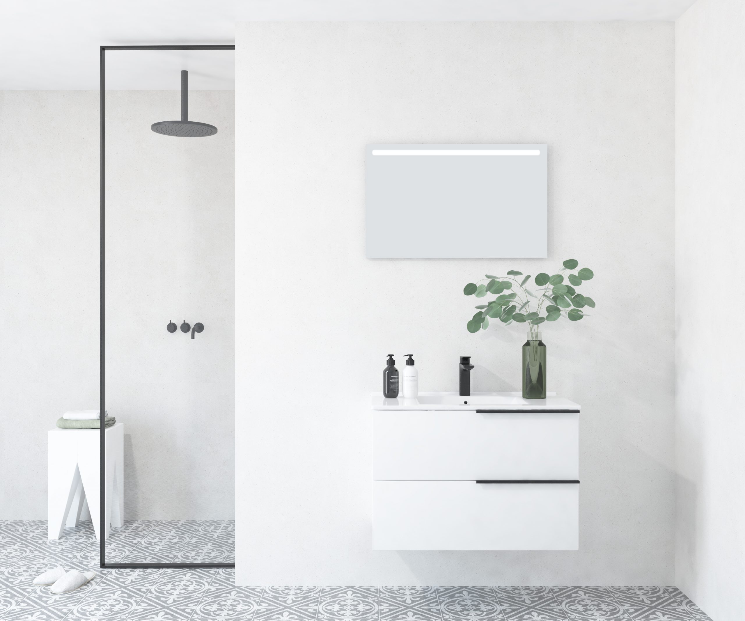 Pack BOSSUET blanco mate 80 cm + lavabo + espejo LED