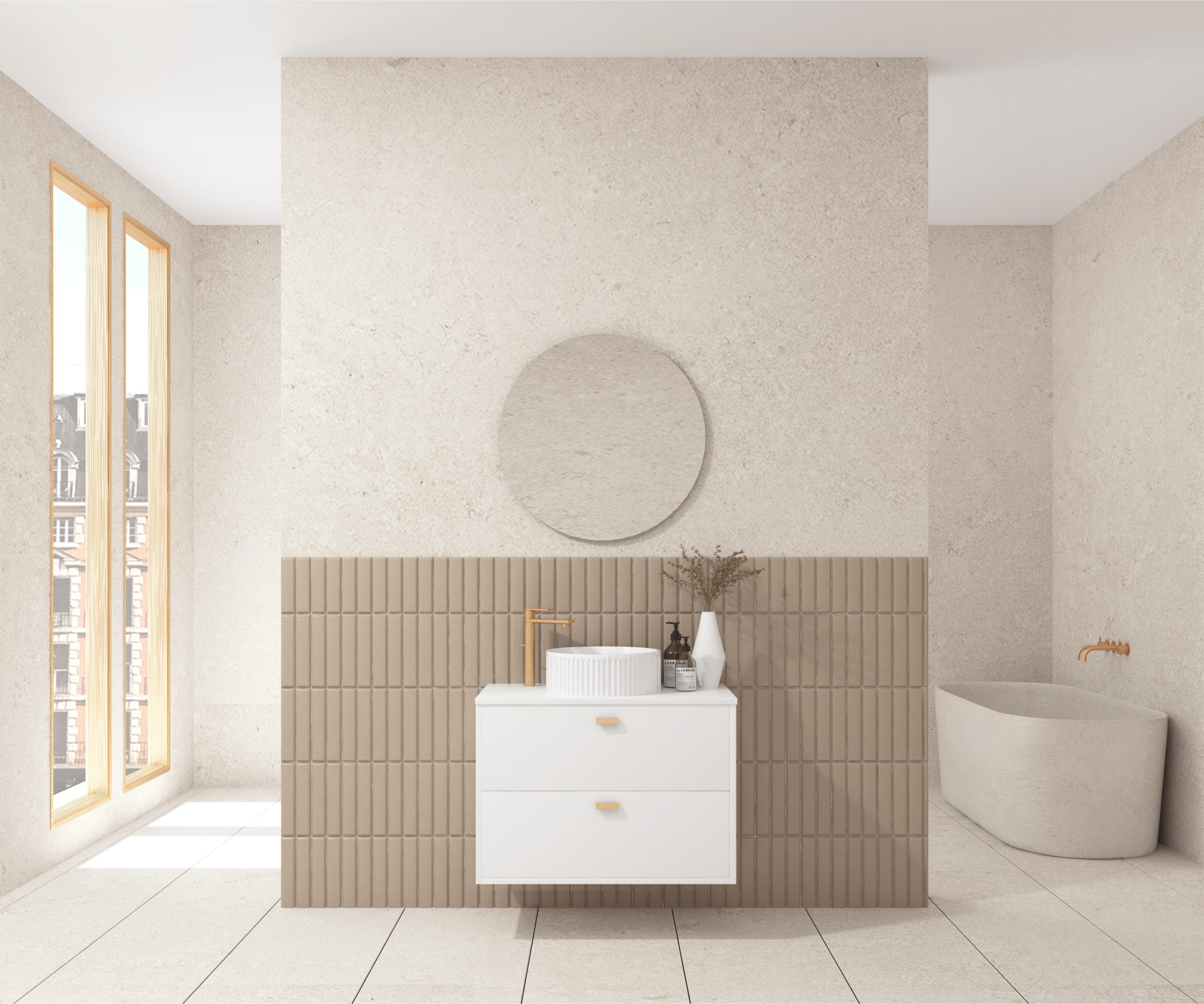 Pack OLETTE + lavabo cannelé + miroir circulaire