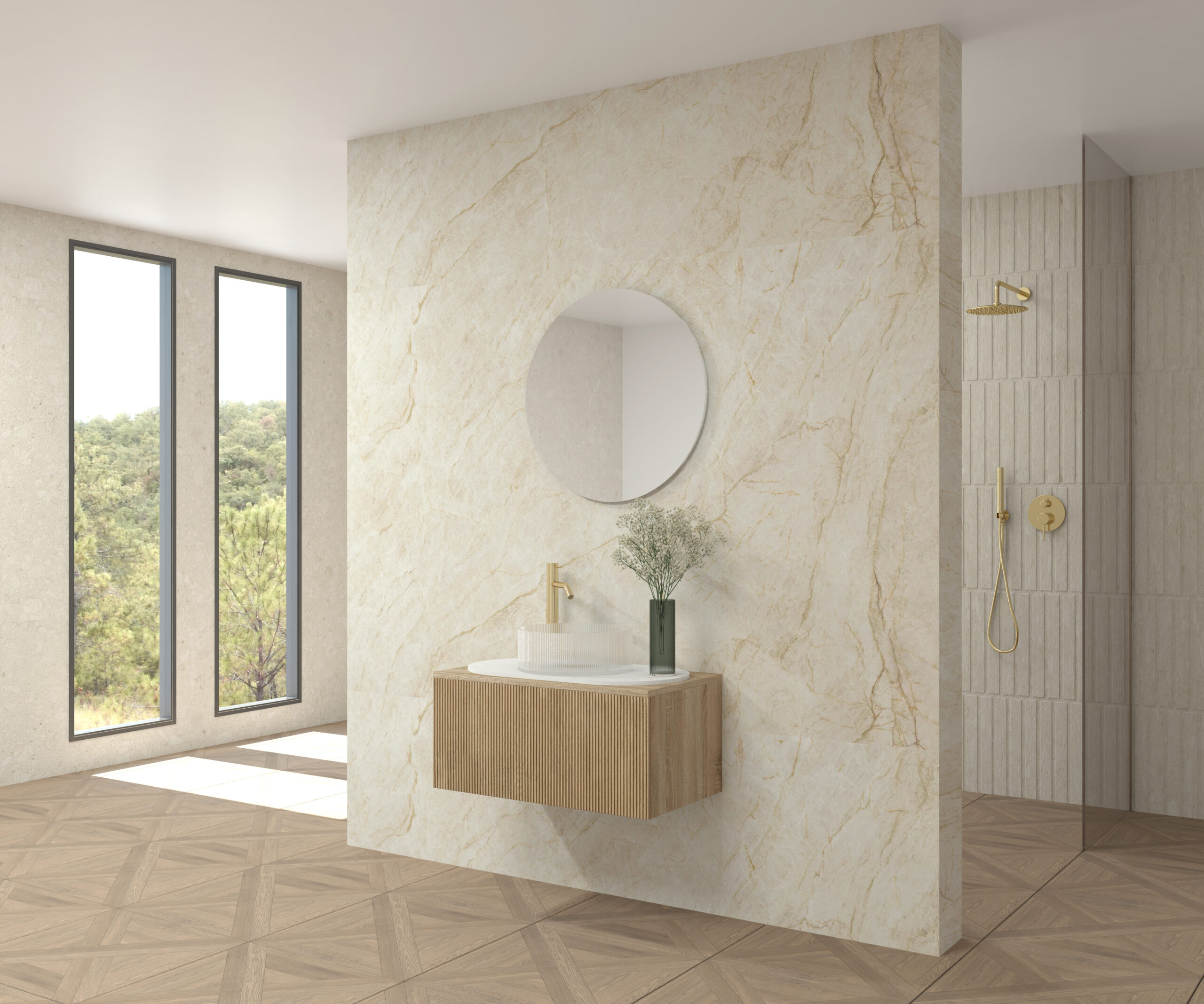 Pack LÉMAN + plan de travail Dekton + lavabo + miroir circulaire