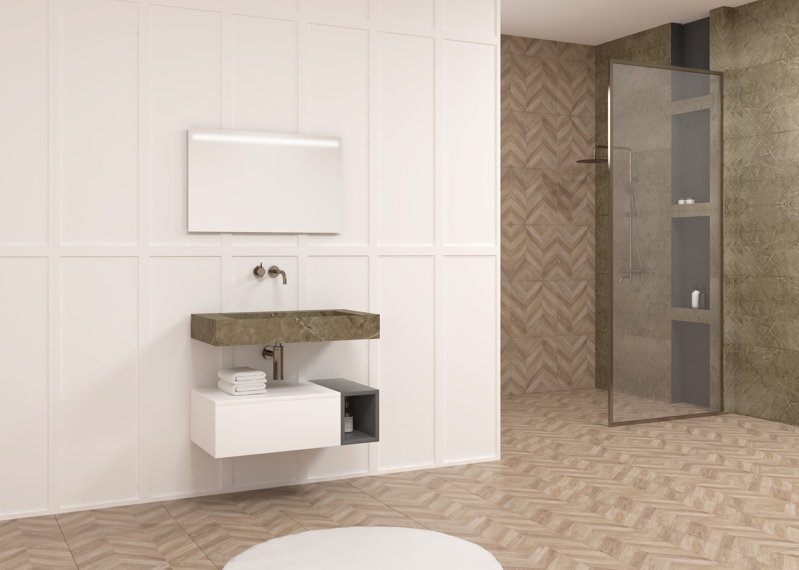 Pack LOURON + lavabo Dekton kira natural + espejo LED