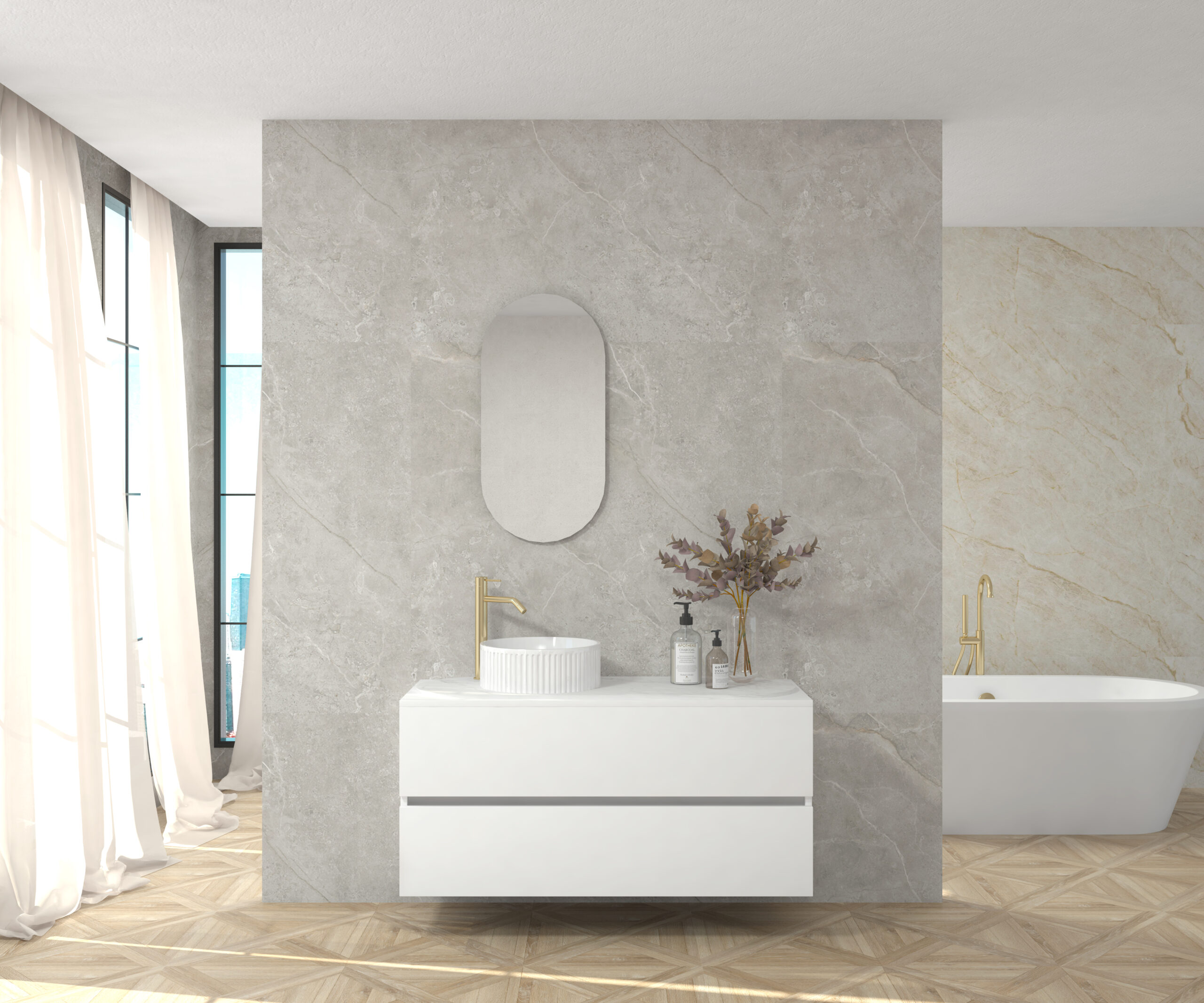 Pack LAUSANNE + encimera Dekton + lavabo estriado + espejo cápsula