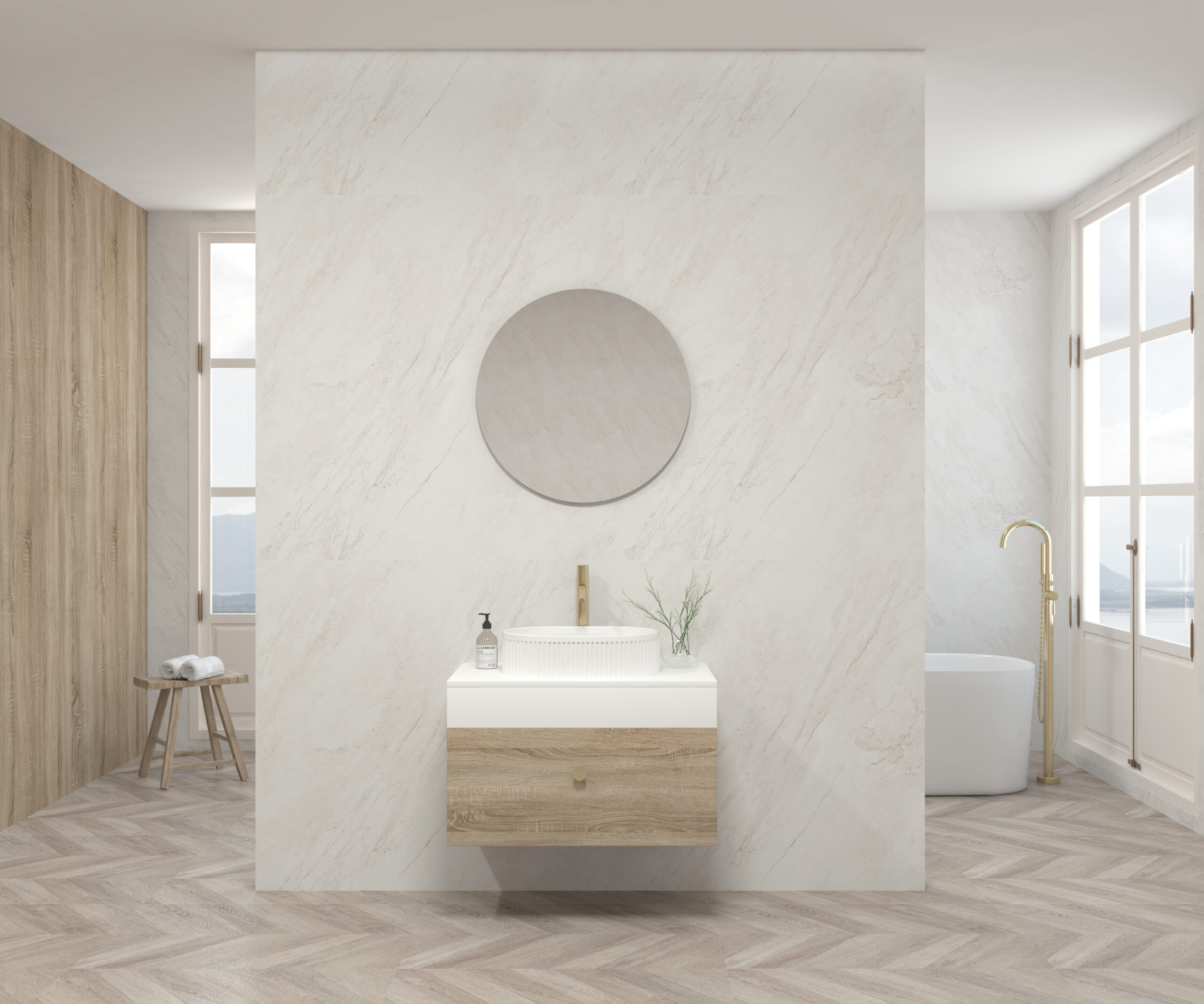 Pack AQUITAINE + lavabo estriado + espejo circular